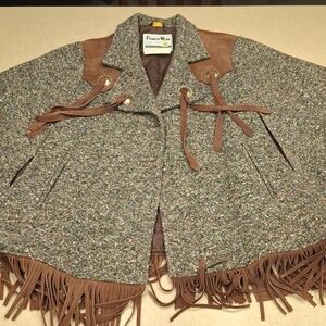 PIONEER Women's Tweed Cape with Fringe and Leather Accents
